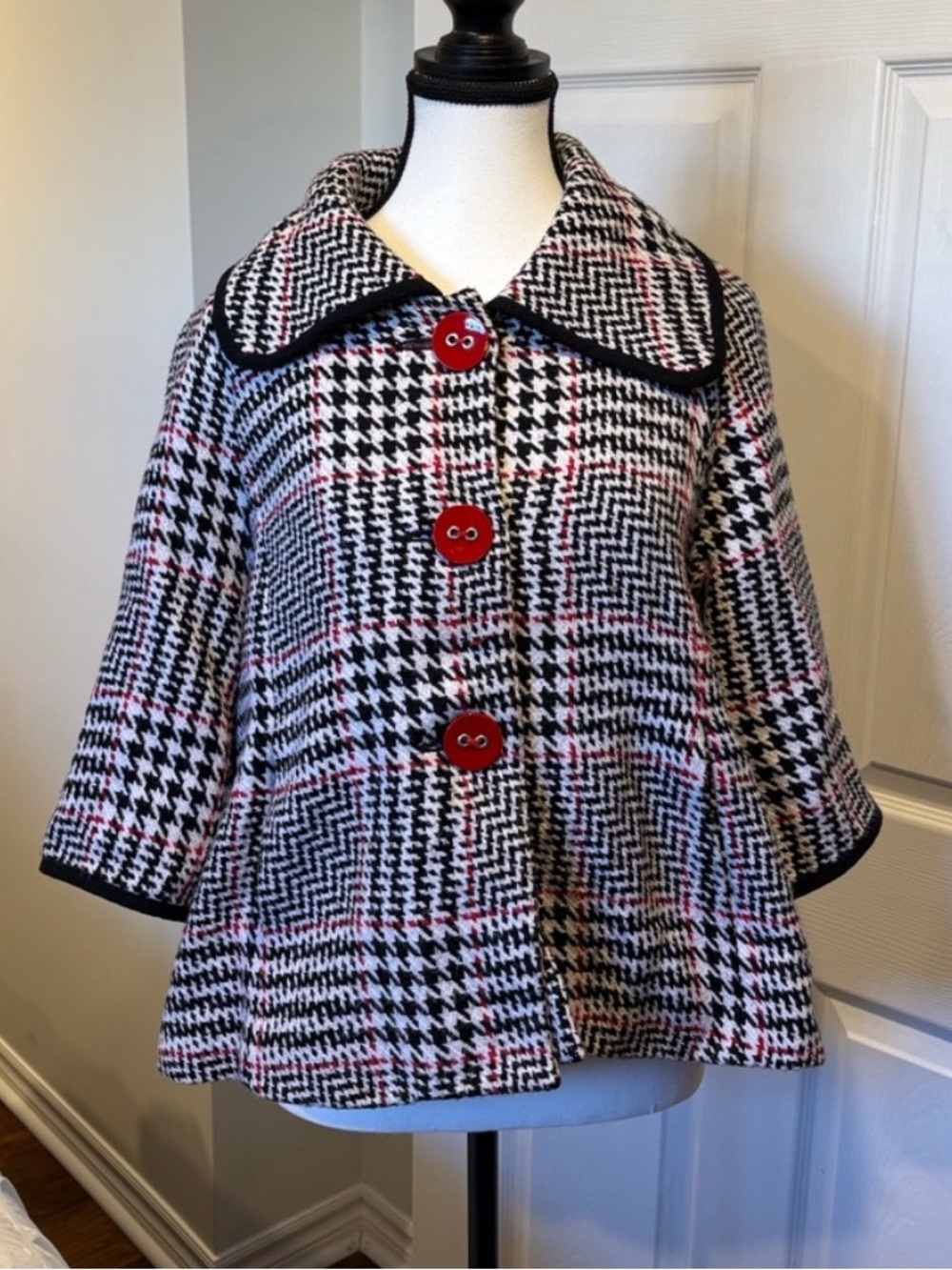 Vintage Dollhouse Houndstooth Swing Coat Red Buttons Large